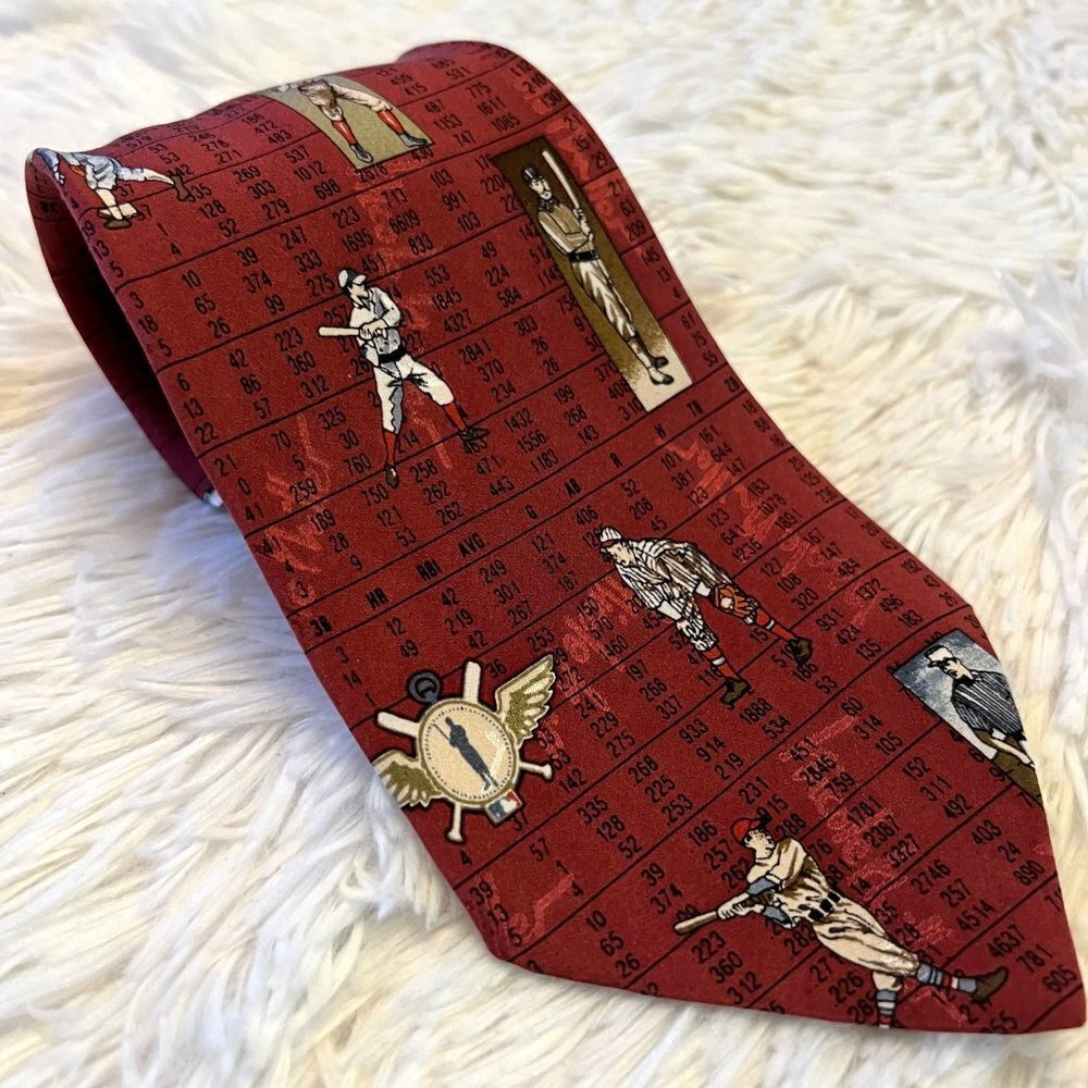 Vintage‎ 1996 Nicole Miller Red Necktie - Baseball Theme - 100% Silk